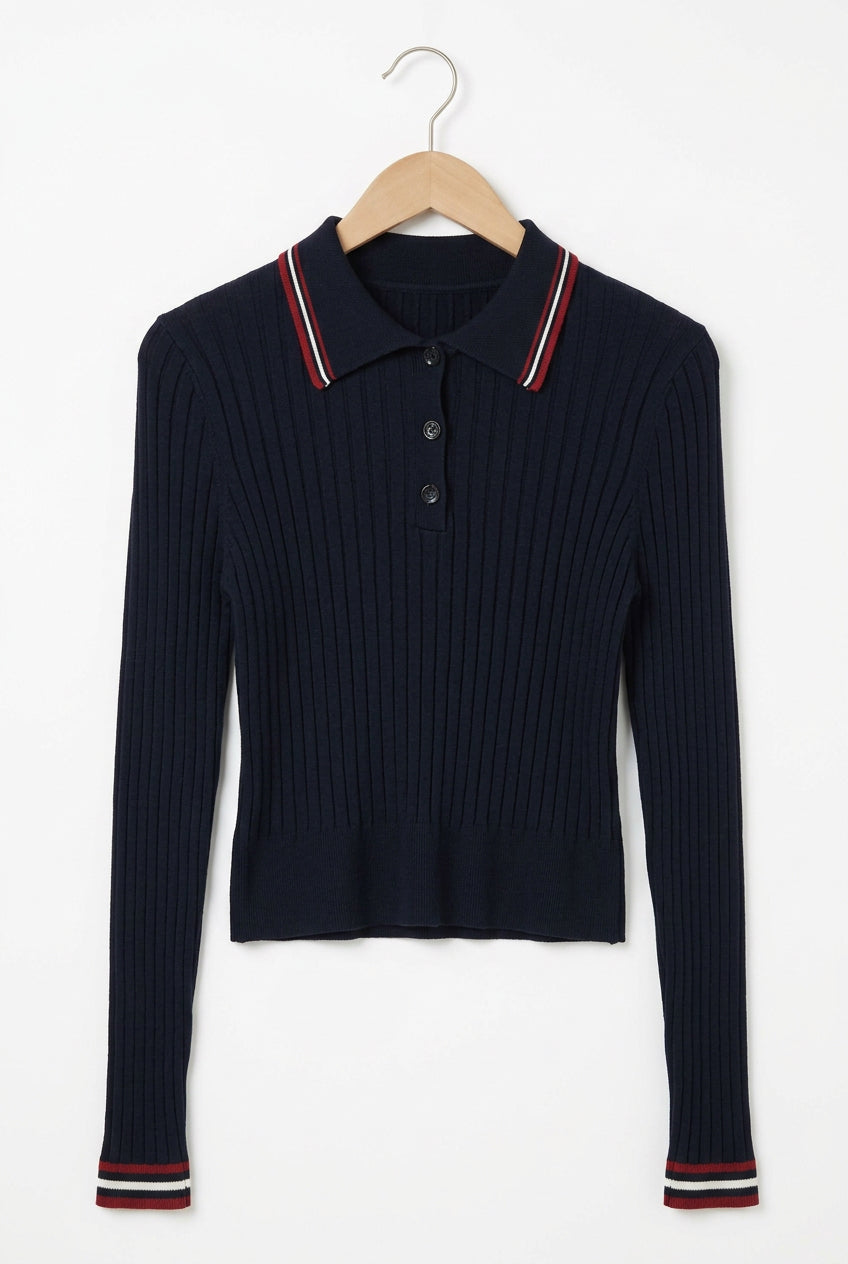 Pull noir col polo bord contraste