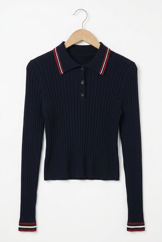 Pull noir col polo bord contraste