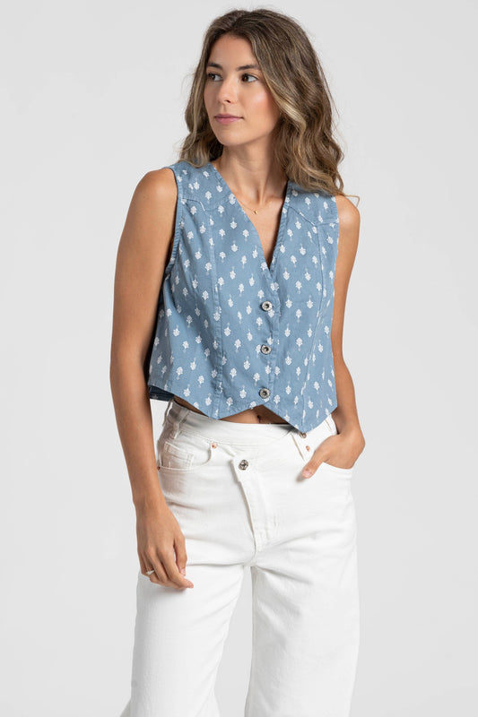 Gilet bleu motif blanc (1)