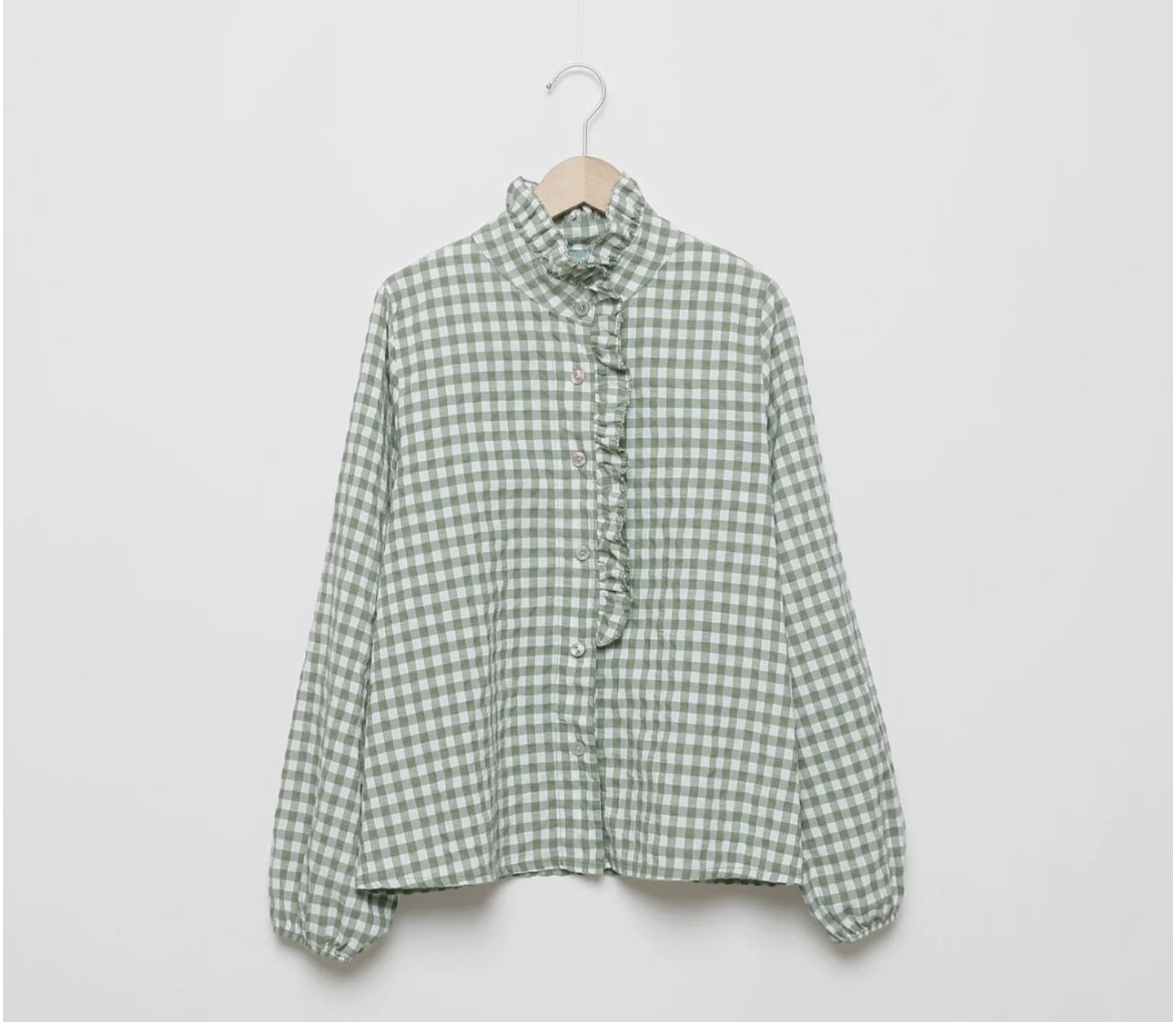 Chemise vichy col volant grise ou verte