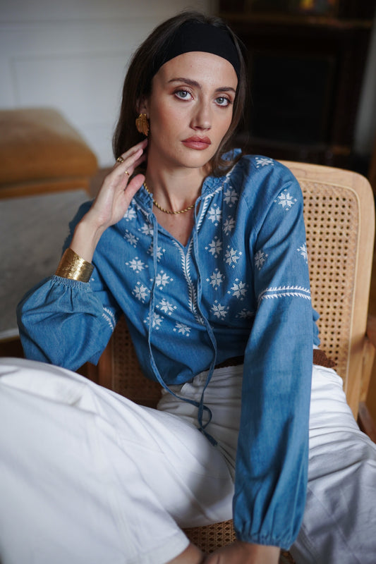 Blouse Denim brodé manches longues