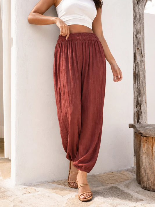 Pantalon fluide resserré à la taille rouille ou kaki