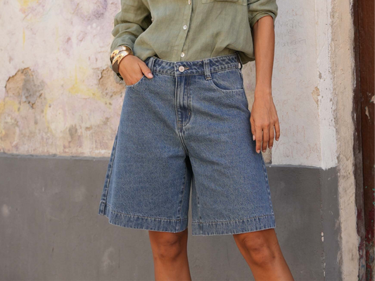 Bermuda jean large et court bleu gris Ora