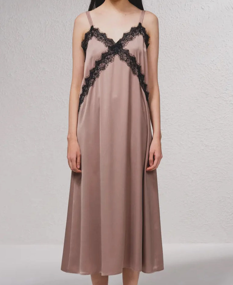 Robe satin marron dentelle noire SMF
