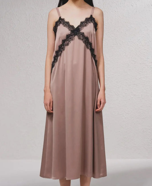Robe satin marron dentelle noire SMF