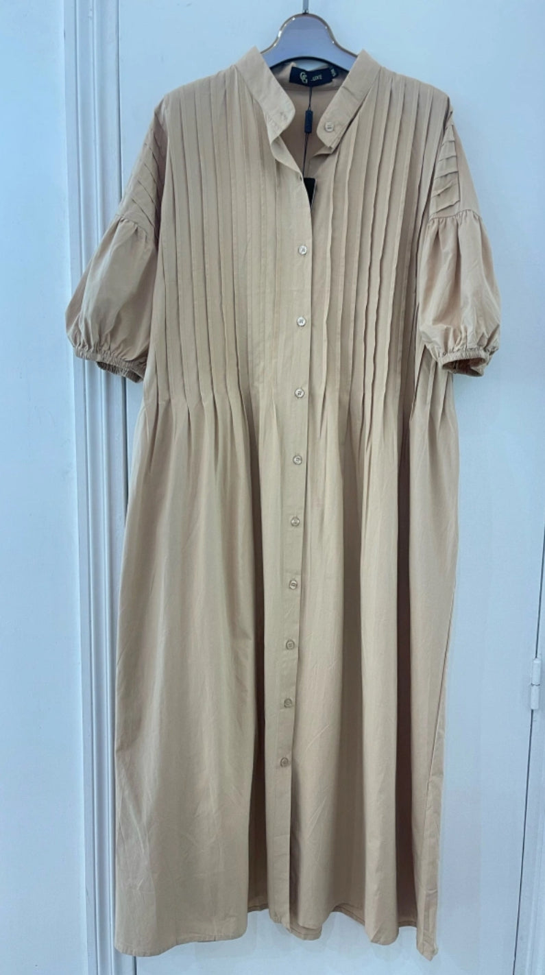 Robe chemise longue blanche ou beige plis popeline de coton