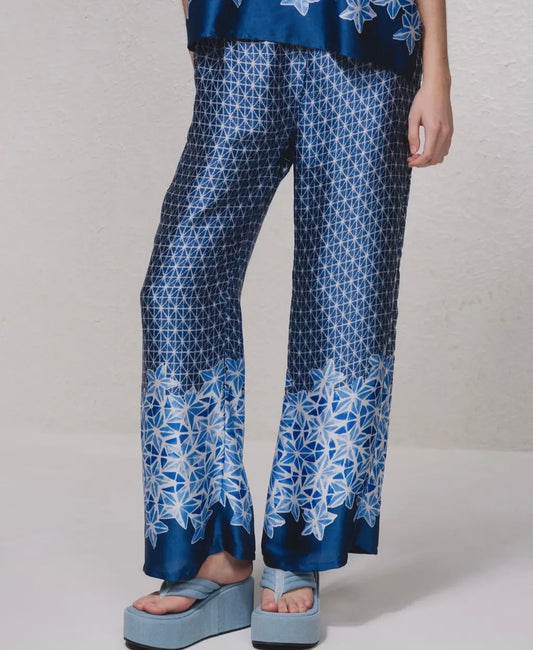 Pantalon satin imprimé bleu SMF