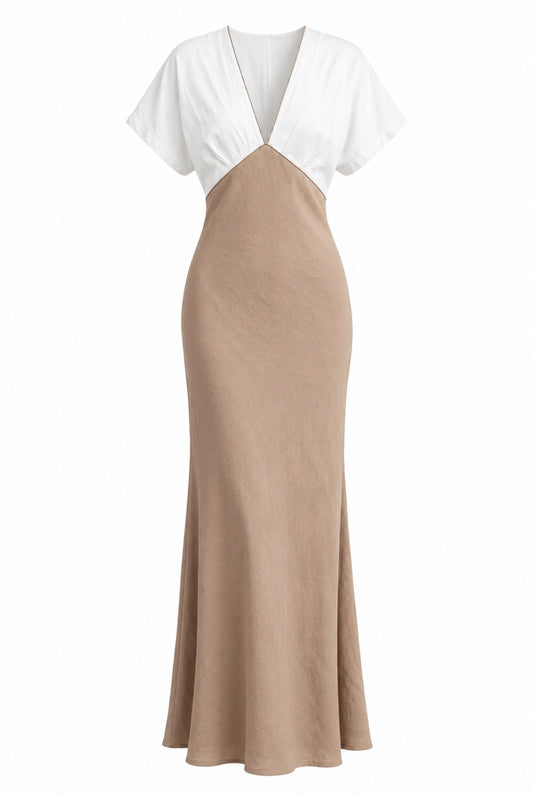 Robe satin tricolore blanche, beige bord noir