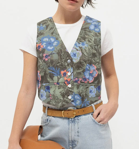 Gilet kaki motif fleurs assorti