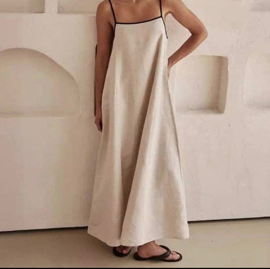 Robe longue coton beige bord noir
