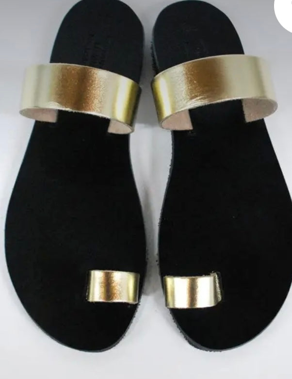 Sandales grecques cuir noir et doré Nikola