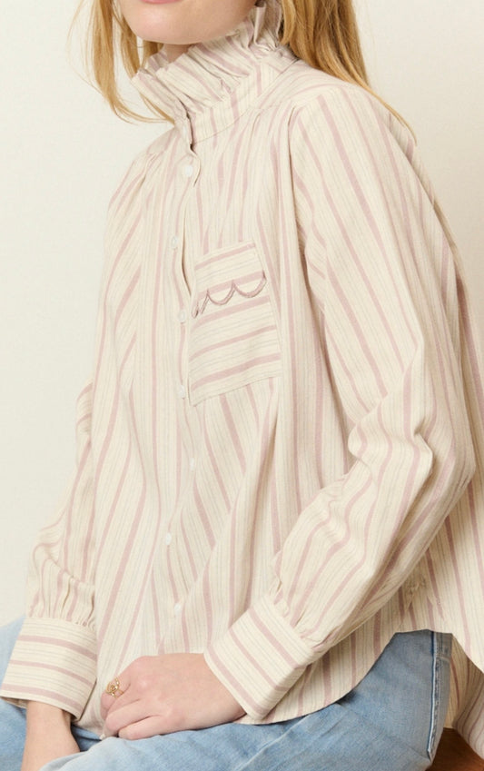 Chemise col victorien rayé rose blush