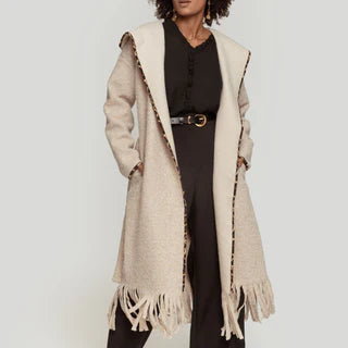 Veste longue franges bord leopard beige