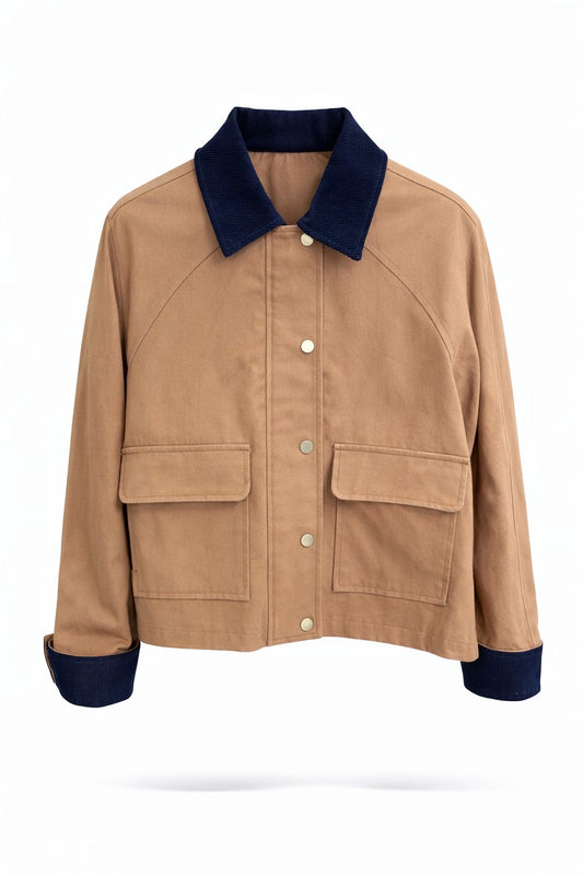 Veste coton camel ou kaki courte col velours