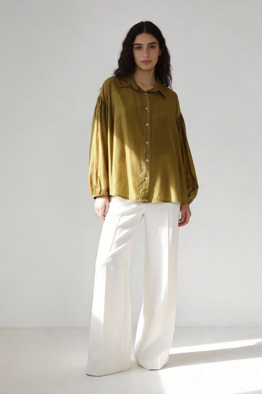 Chemise manches ballon lyocell verte ou fushia