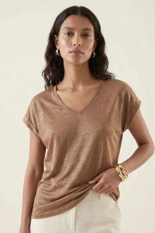 T shirt lin col V avec lurex beige ou navy