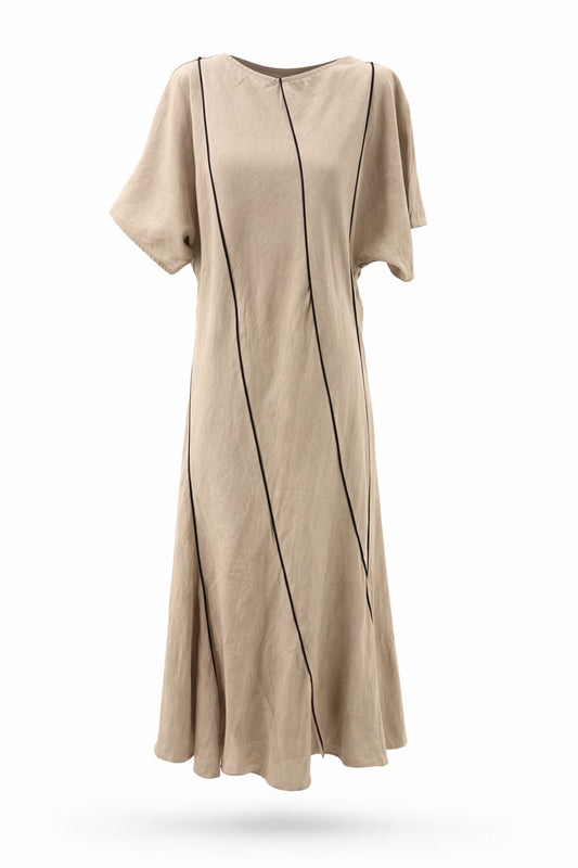 Robe longue avec manches lin beige surpiqûres noires
