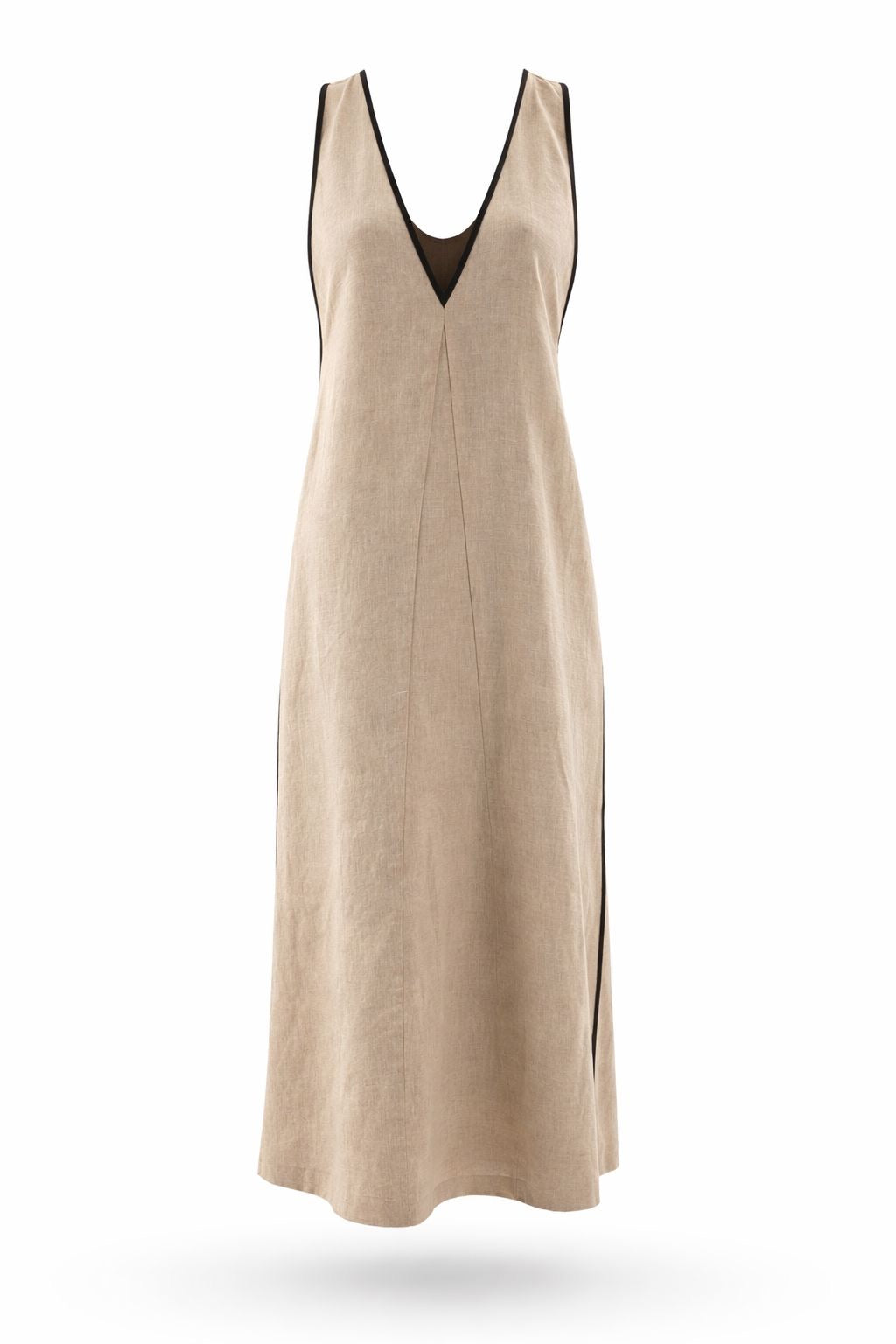 Robe longue en lin beige bord noir col V