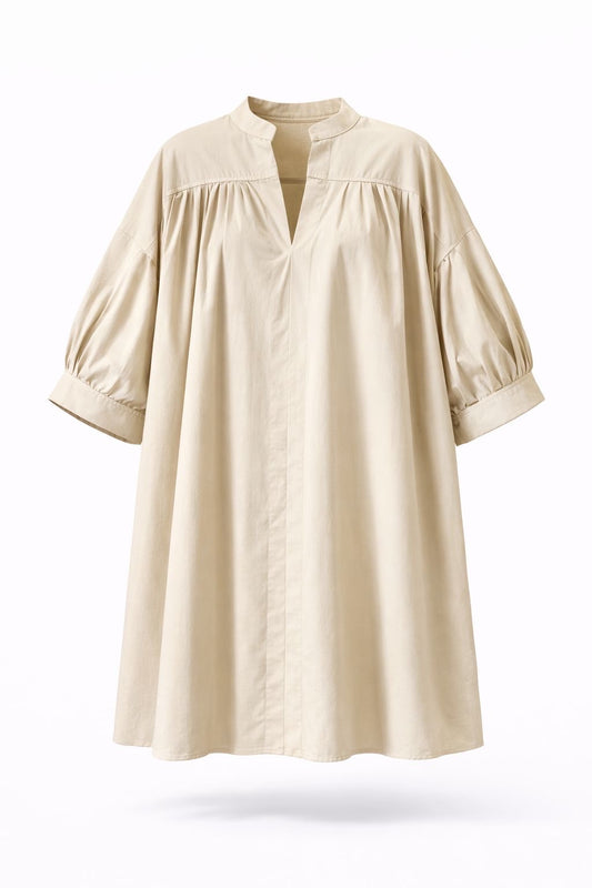 Robe courte fronces et manches mi longues coton beige, kaki ou brique