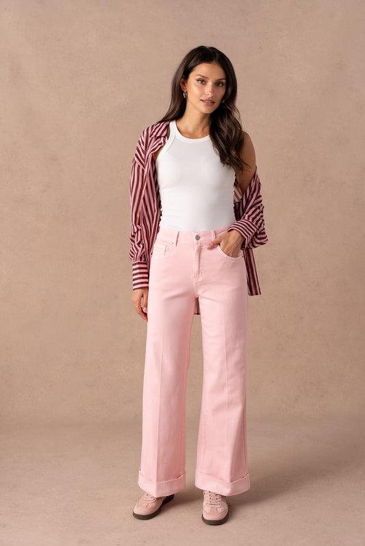 Jean large revers rose