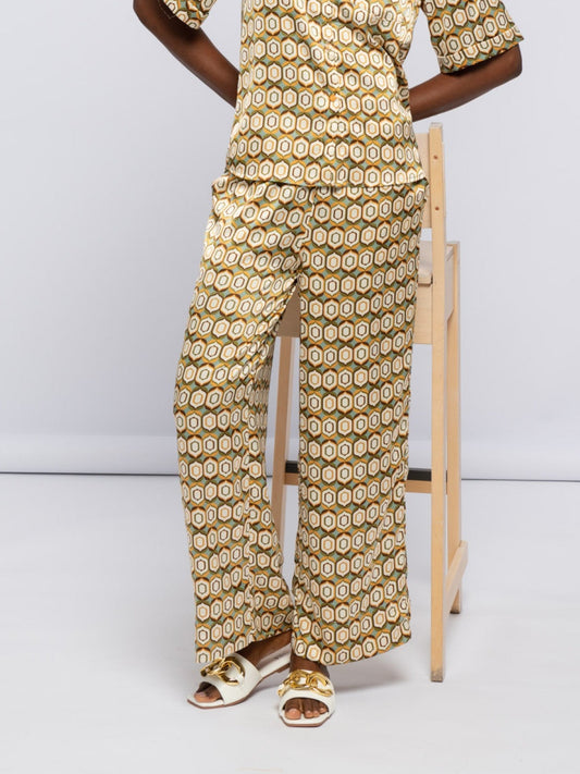 Pantalon satin motif géométriques orange ou vert
