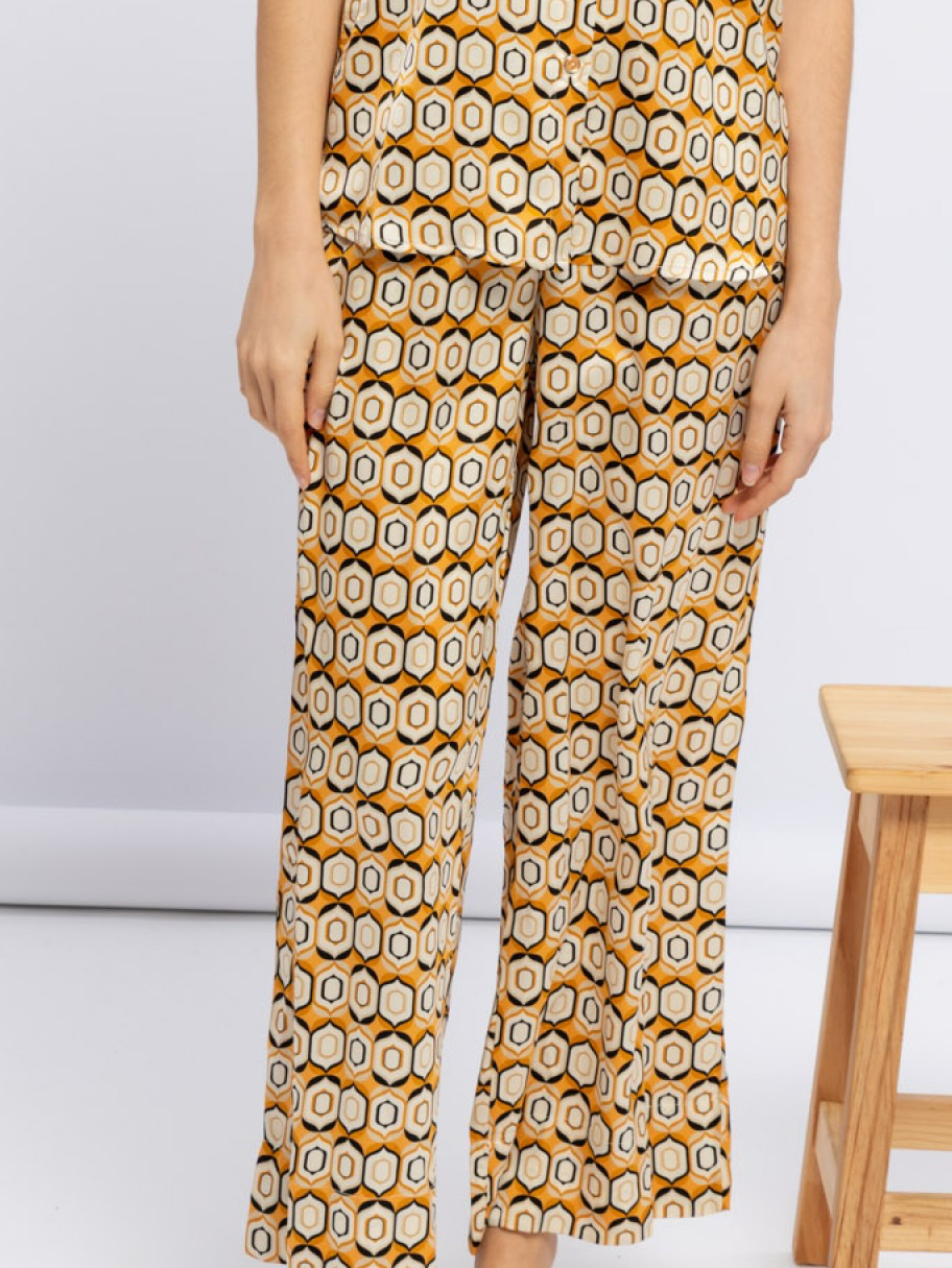 Pantalon satin motif géométriques orange ou vert