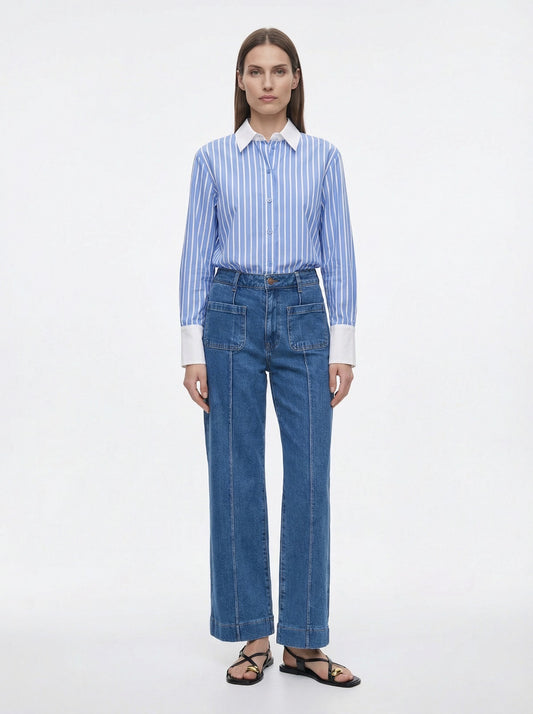 Chemise bleue rayée col et poignets blancs
