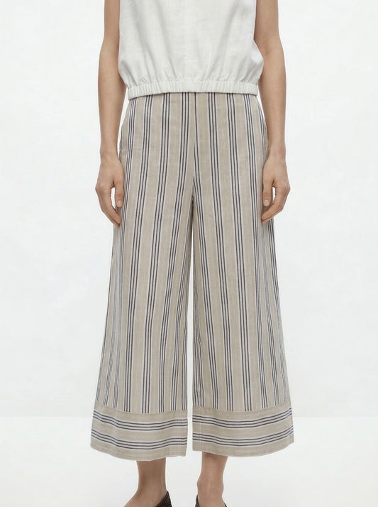 Pantalon beige rayé bleu blanc