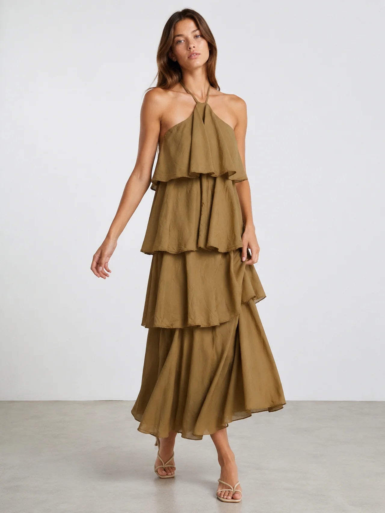 Robe dos nu voile de coton kaki
