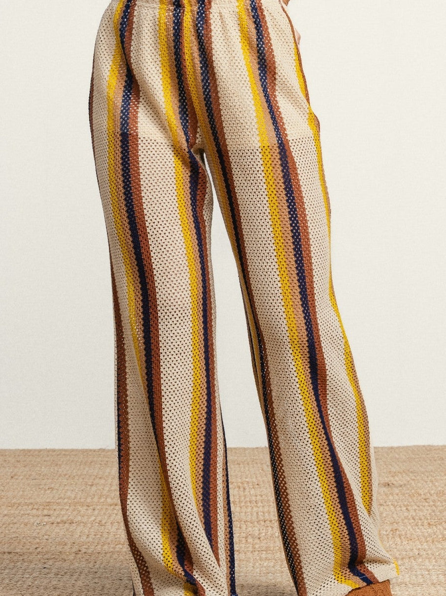 Pantalon crochet rayé beige jaune rouille marine