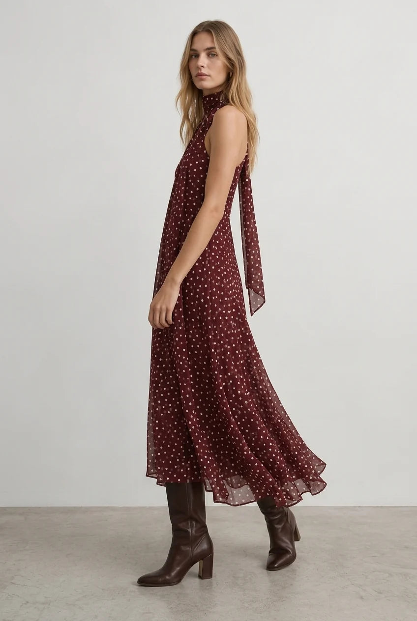 Robe longue bordeaux pois