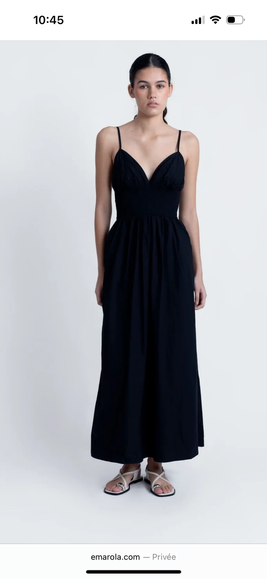 Robe popeline coton noire longue bretelles et fronces Elisa