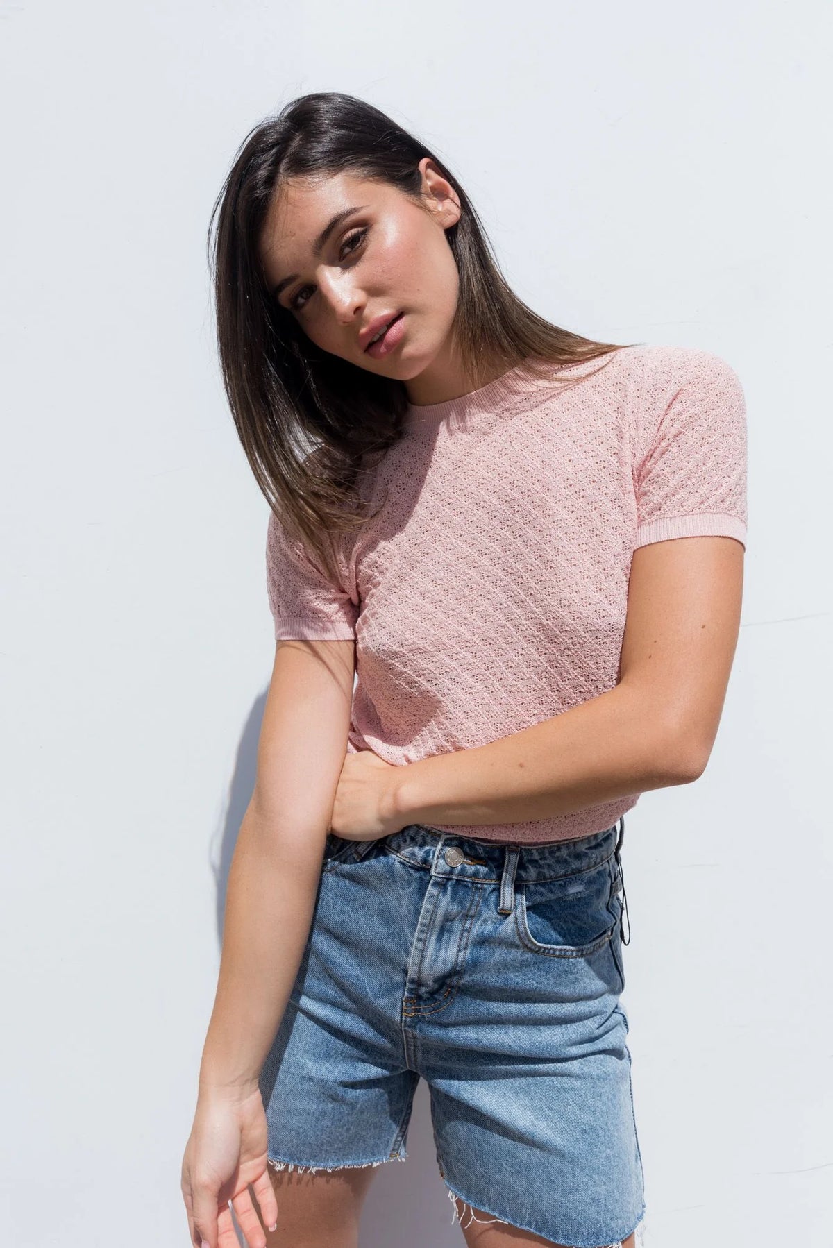 T shirt en maille dentelles rose poudré