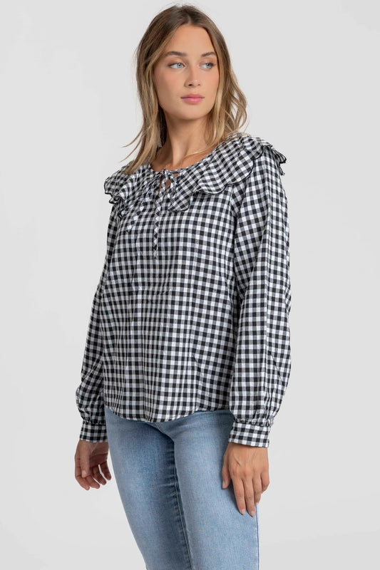 Blouse vichy noir et blanche Col Claudine