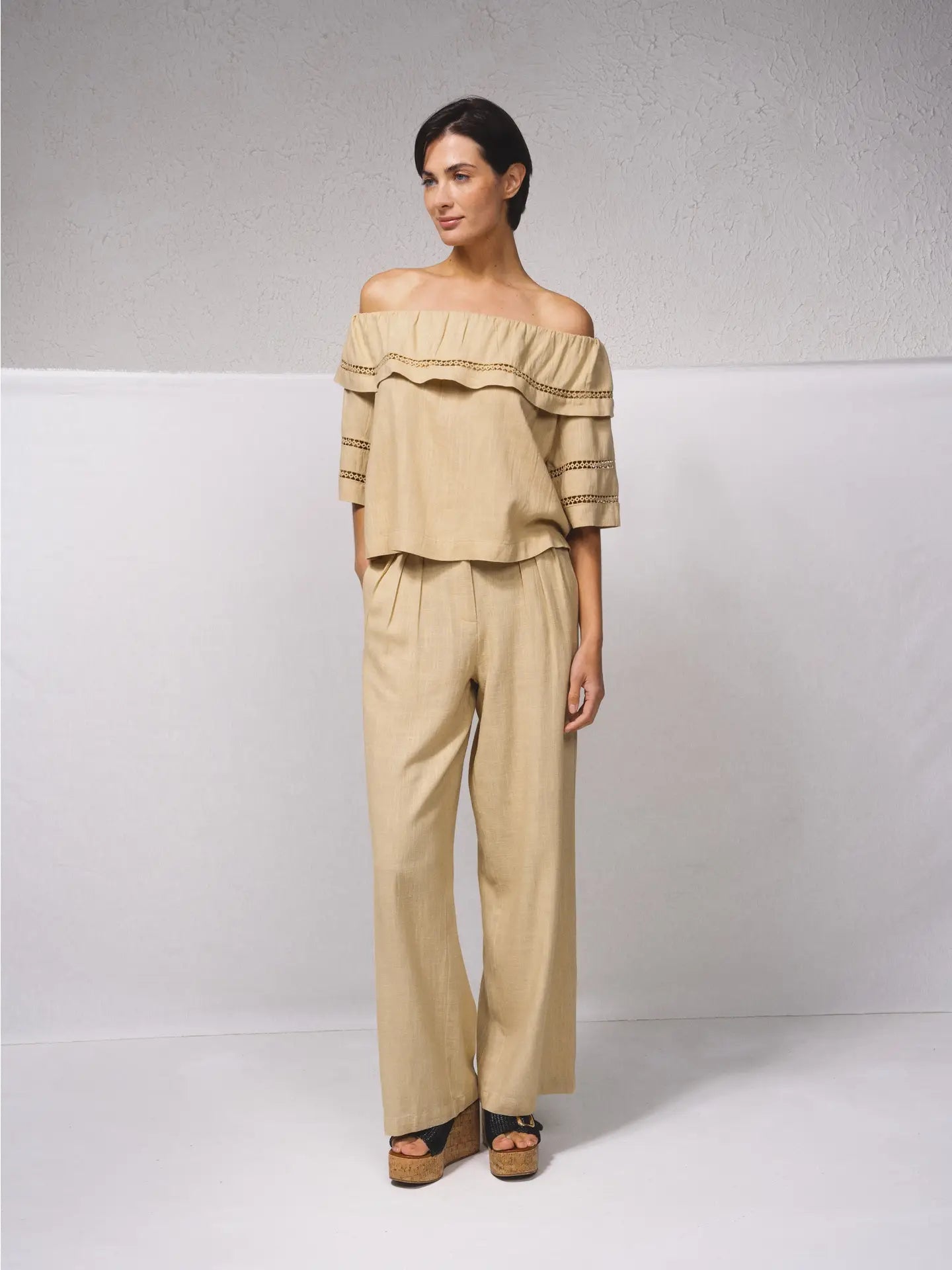 Blouse lin volant beige SMF