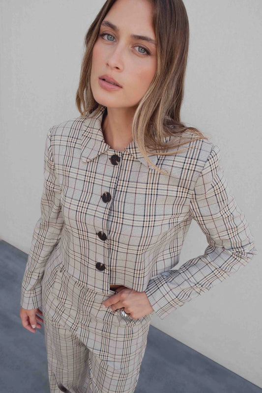 Veste courte à carreaux beige