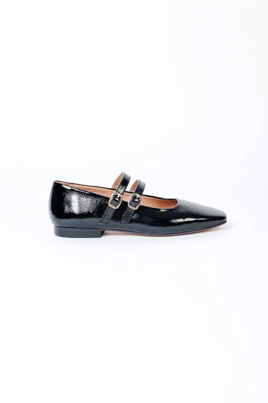 Ballerines 2 brides cuir noir vernis Mary Jane