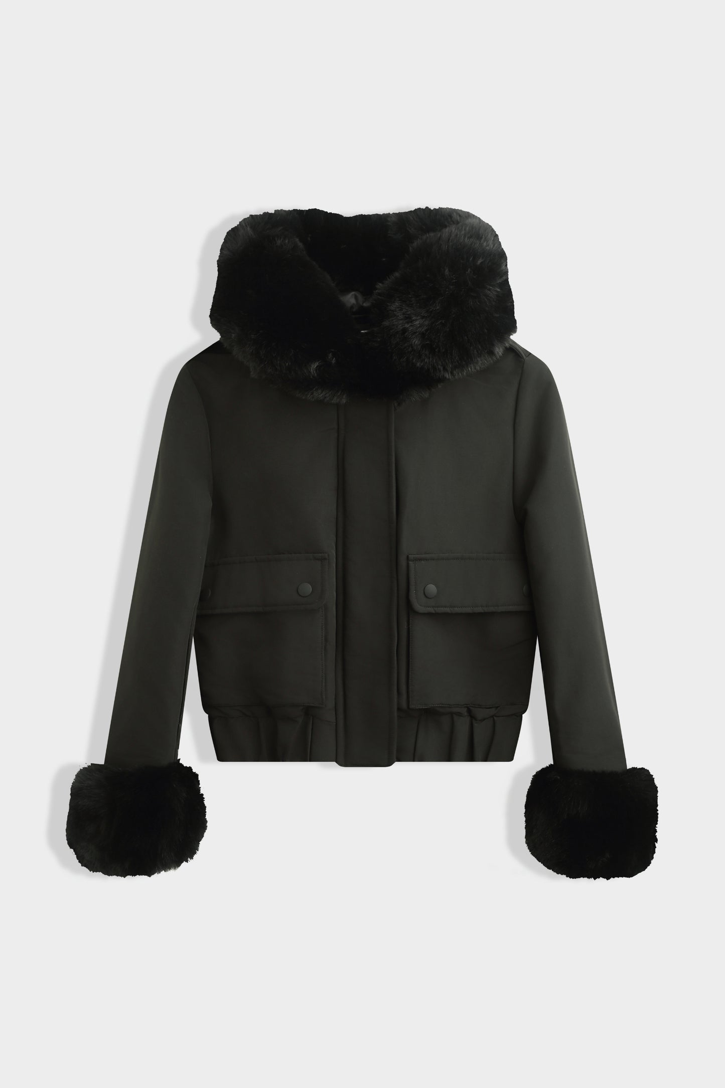 Blouson noir effet cuir col et manches fourrure