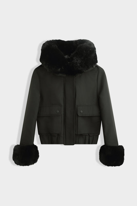 Blouson noir effet cuir col et manches fourrure