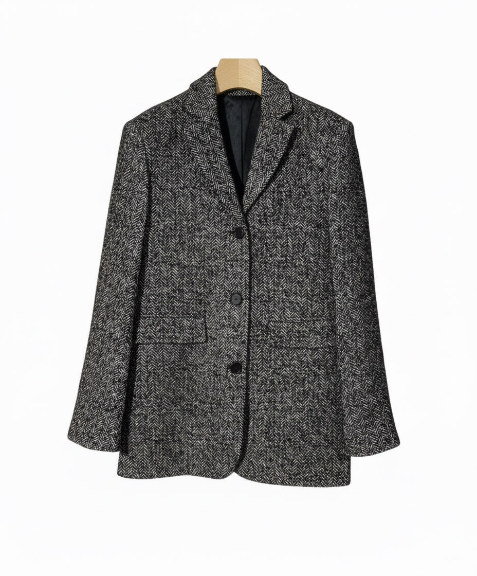Blazer droit tweed laine noir poches plaquées