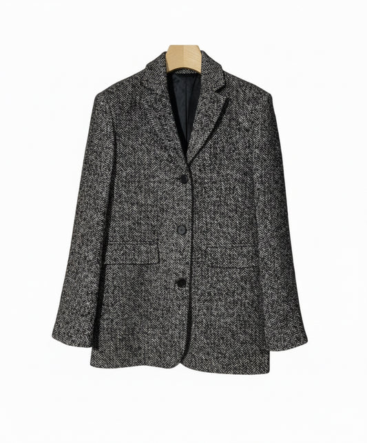Blazer droit tweed laine noir poches plaquées