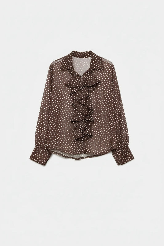 Chemise marron en voile à pois avec jabot