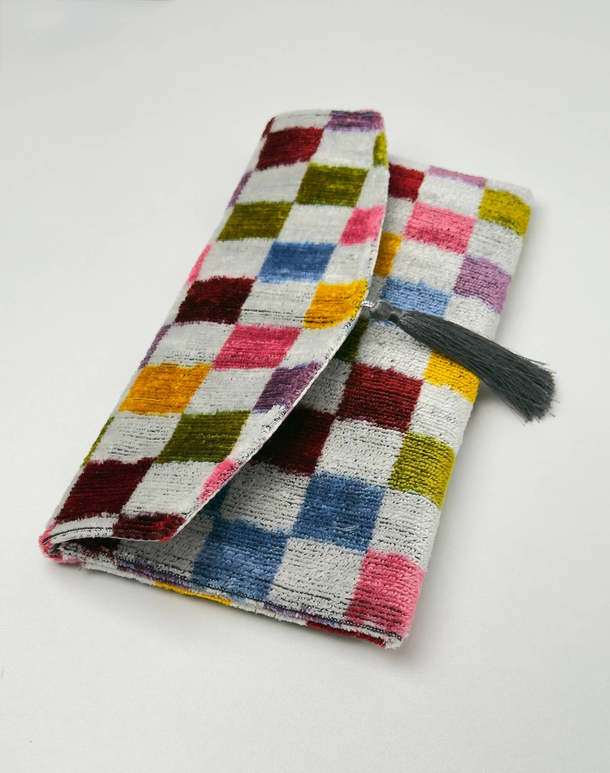 Pochette ikat en velours de soie - Sac à main bohème mosaïque vive
