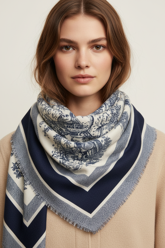 Grand carré laine imprimé Jouy - Autour du cou - Style Sézane
